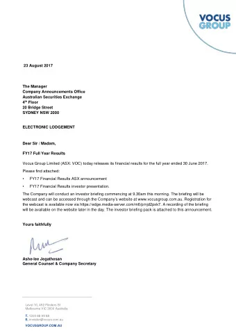 23 August 2017 The Manager Company Announcements Offi c e Australian Securities Exchange 4 th Floor