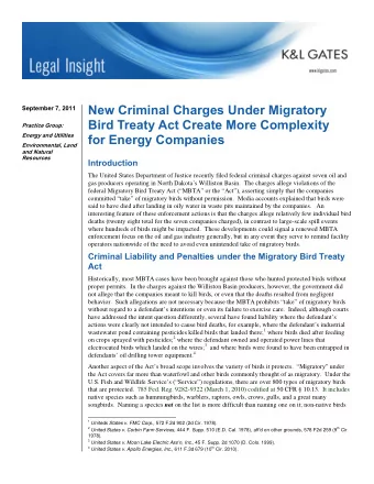 New Criminal Charges Under Migratory  September 7, 2011  Bird Treaty Act Create More Complexity