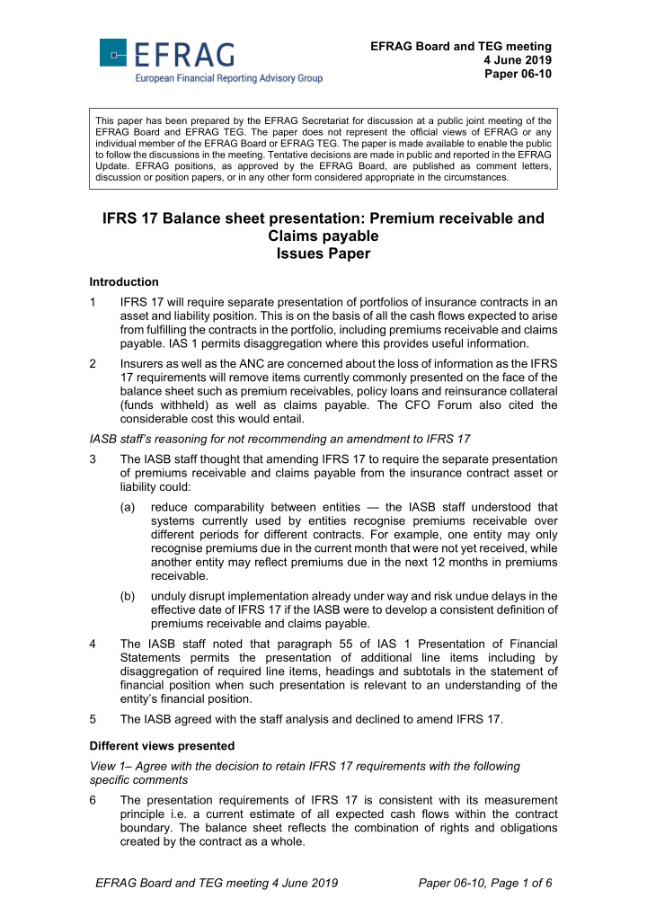 ifrs 17 balance sheet presentation premium receivable and