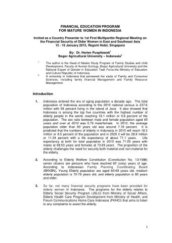 FINANCIAL EDUCATION PROGRAM  FOR MATURE WOMEN IN INDONESIA  Invited as a Country Presenter to 1st