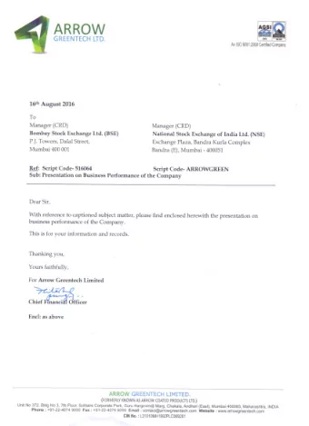 Arrow Greentech Limited Investor Presentation  August 2016  Safe Harbor This presentation and