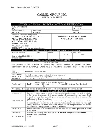 CARMEL GROUP INC.  SAFETY DATA SHEET  SECTIO  N 1  CHEMICAL PRODUCT AND COMPANY IDENTIFICATION
