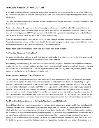 IN-HOME  PRESENTATION  OUTLINE In you BAG. Applications from Transamerica, Mutual of Omaha and