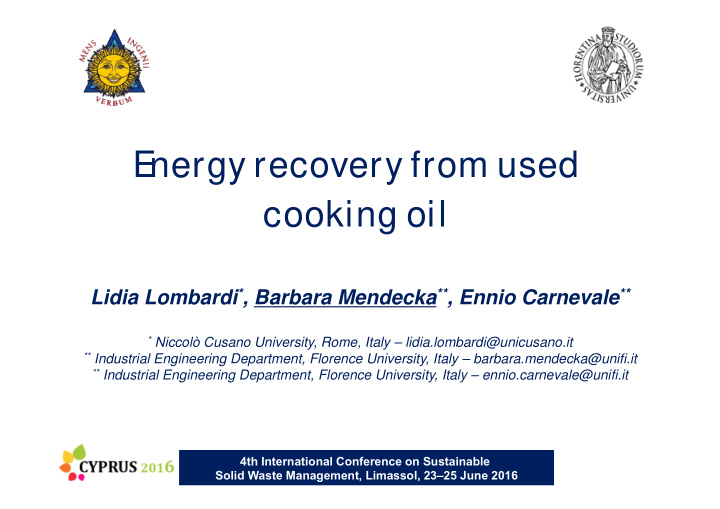 e nergy recovery from used cooking oil