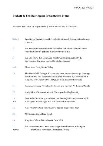 03/06/2018 09:25  Beckett &amp; The Barrington Presentation Notes  Welcome. First of all Ill