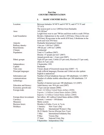 Part One  COUNTRY PRESENTATION  I.  BASIC COUNTRY DATA  Location:  Between latitudes 3640N and