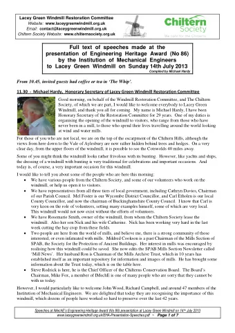 Full text of speeches made at the  presentation of Engineering Heritage Award (No 86)  by the