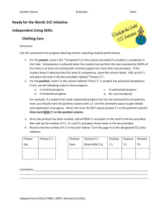 Ready for the World: ECC Initiative  Independent Living Skills:  Clothing Care  Directions:  Use