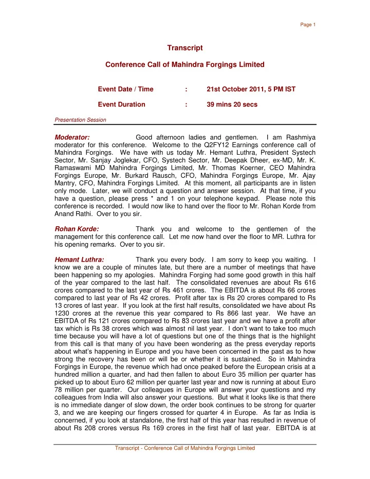 transcript conference call of mahindra forgings limited