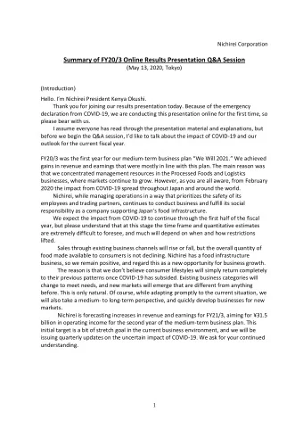 Summary of FY20/3 Online Results Presentation Q&amp;A Session  (May 13, 2020, Tokyo)