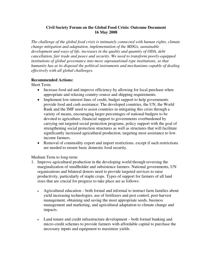 civil society forum on the global food crisis outcome