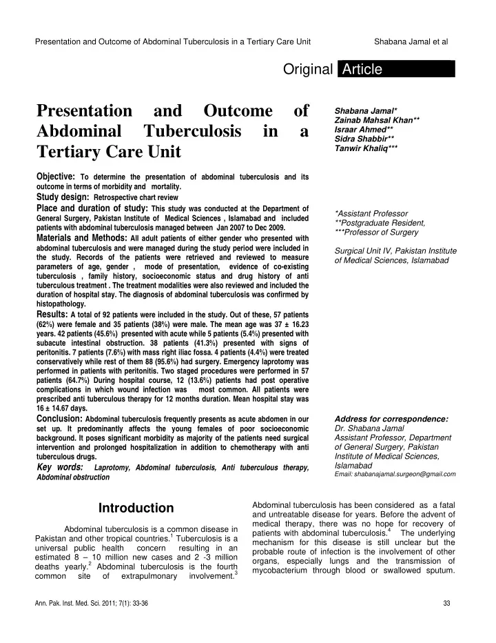 presentation and outcome of