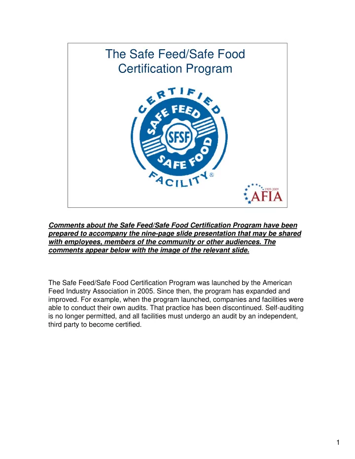 the safe feed safe food certification program