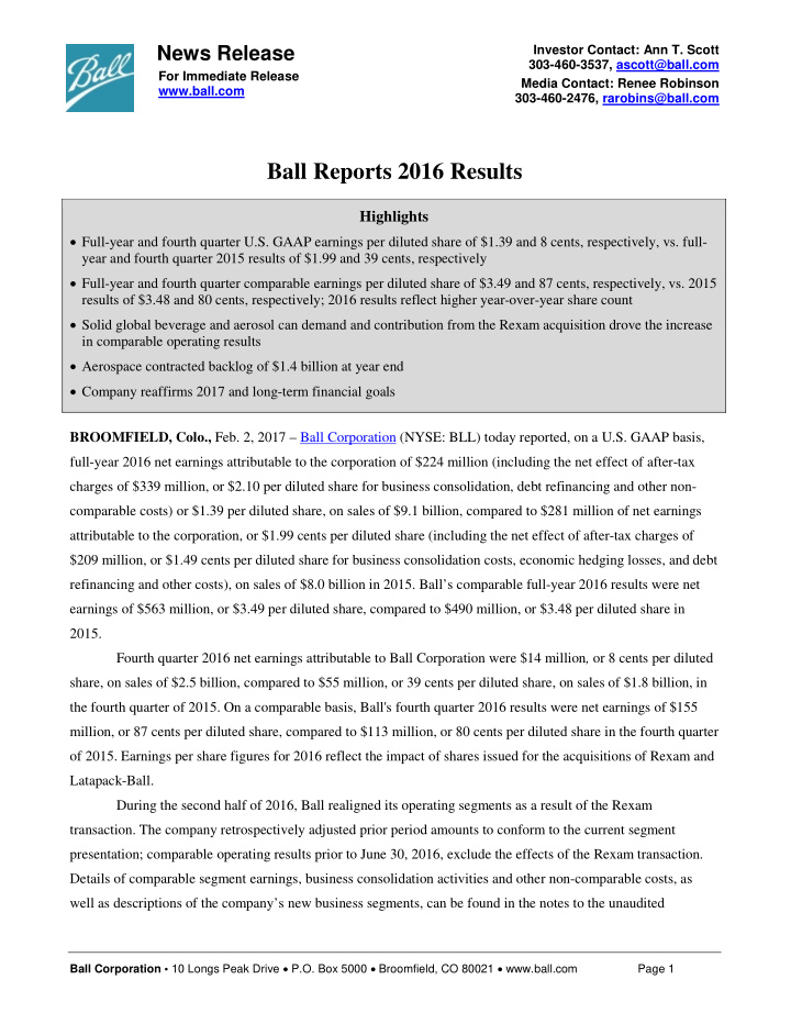 ball reports 2016 results
