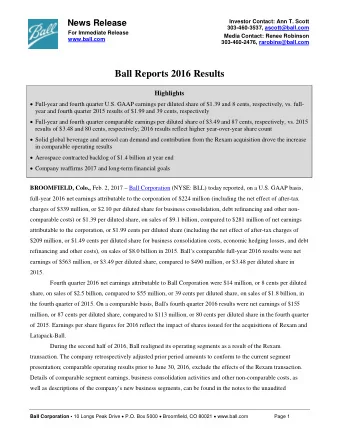 Ball Reports 2016 Results Highlights  Full-year and fourth quarter U.S. GAAP earnings per