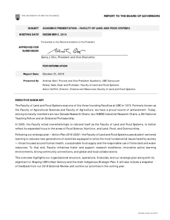 REPORT TO THE BOARD OF GOVERNORS  SUBJ  ECT  ACADEM IC PRESENTATION  FACULTY OF LAND AND FOOD