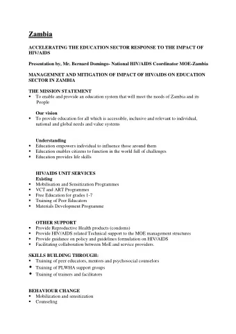 Za  am  mb  bi  ia a  Z  ACCELERATING THE EDUCATION SECTOR RESPONSE TO THE IMPACT OF  HIV/AIDS