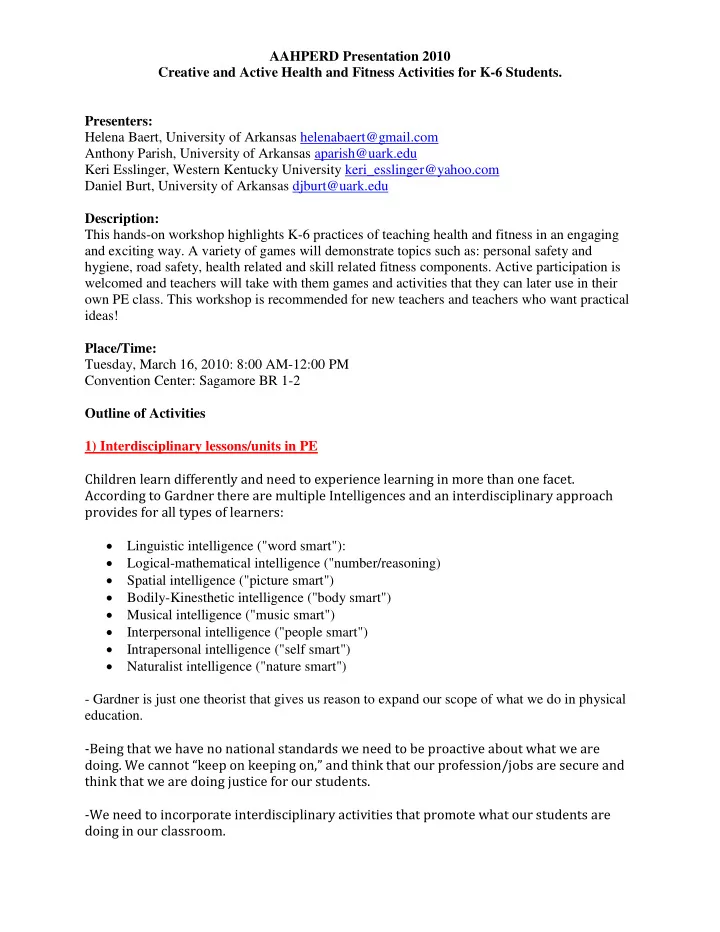 aahperd presentation 2010 creative and active health and