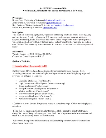 AAHPERD Presentation 2010 Creative and Active Health and Fitness Activities for K-6 Students.