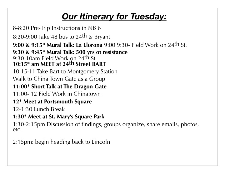 our itinerary for tuesday