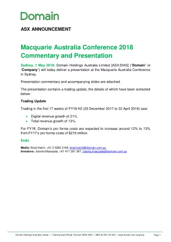 Macquarie Australia Conference 2018  Commentary and Presentation Sydney, 1 May 2018: Domain