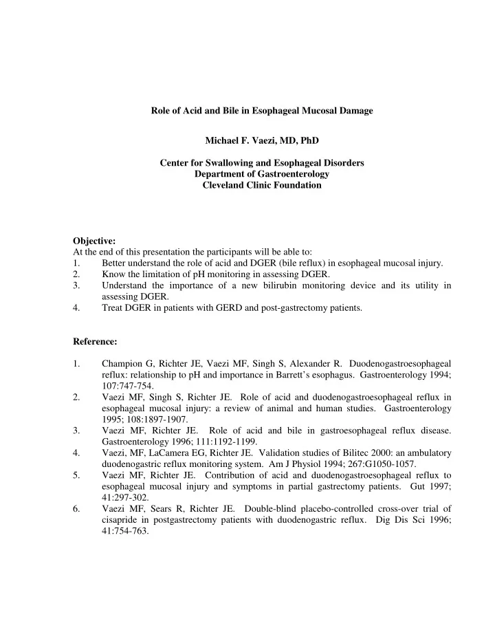 role of acid and bile in esophageal mucosal damage