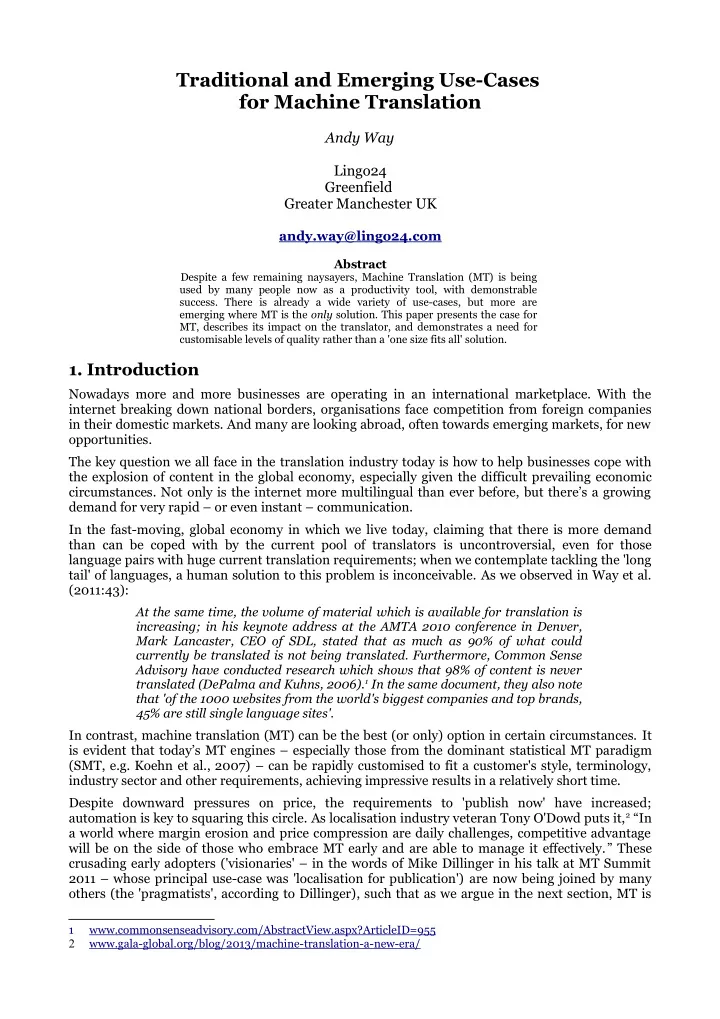 traditional and emerging use cases for machine translation