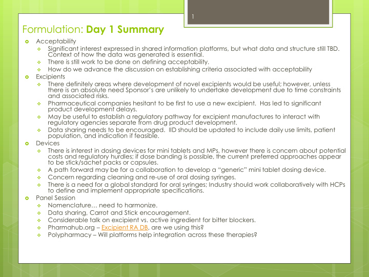 formulation day 1 summary