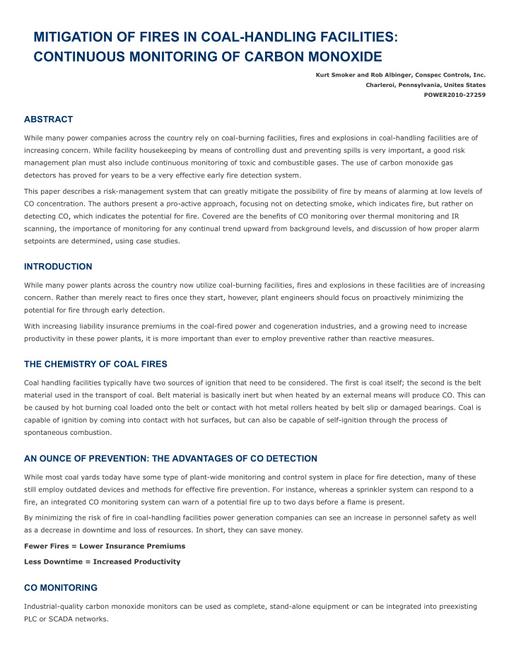 mitigation of fires in coal handling facilities