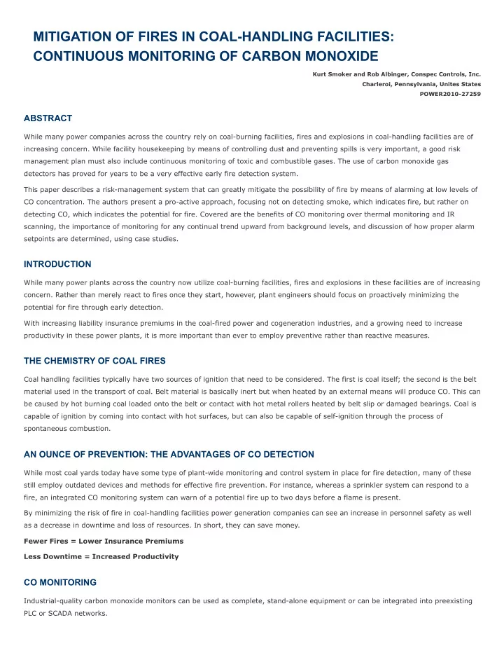 mitigation of fires in coal handling facilities