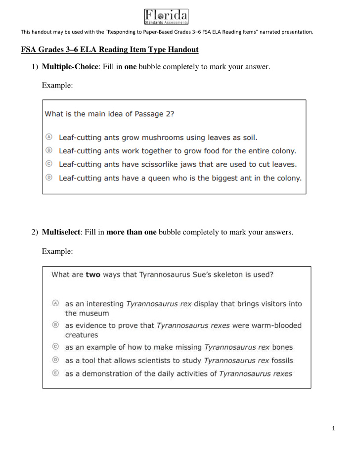 fsa grades 3 6 ela reading item type handout 1 multiple