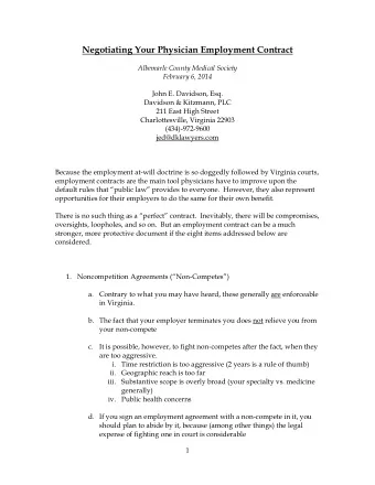 Negotiating Your Physician Employment Contract  Albemarle County Medical Society  February 6, 2014