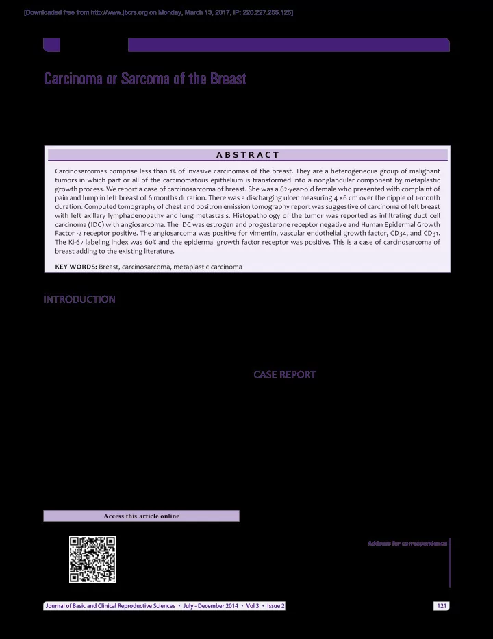 carcinoma or sarcoma of the breast