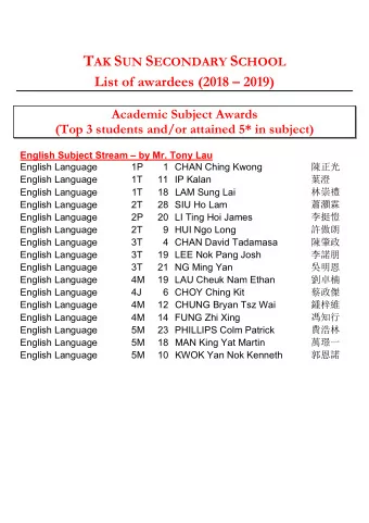 T AK S UN S ECONDARY S CHOOL  List of awardees (2018  2019)  Academic Subject Awards  (Top 3