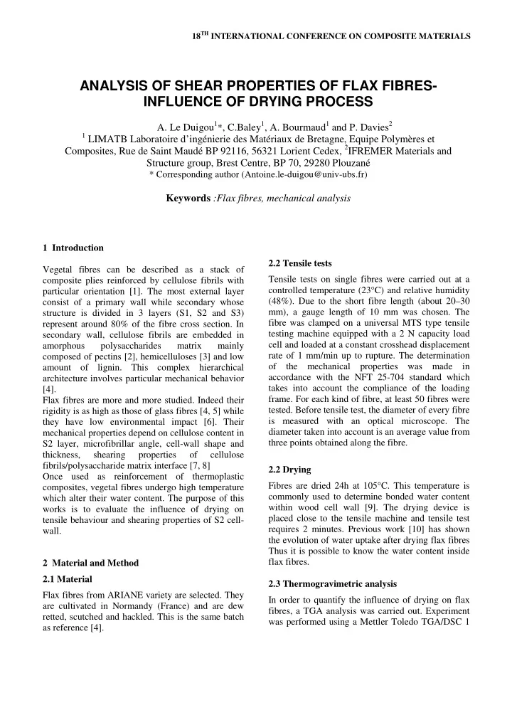 analysis of shear properties of flax fibres influence of