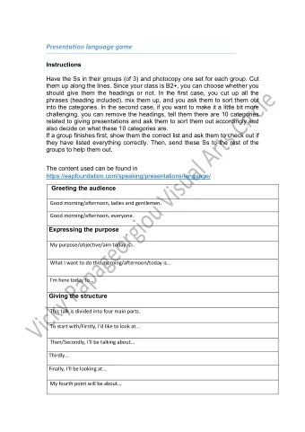 Presentation language game  Instructions  Have the Ss in their groups (of 3) and photocopy one set