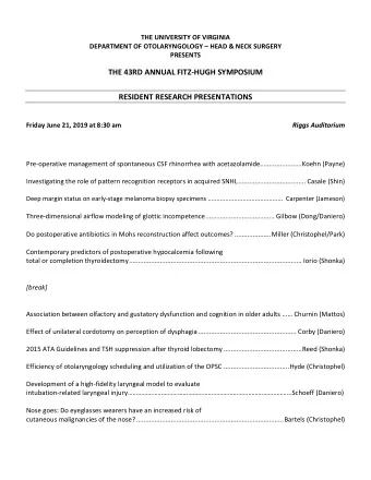 THE 43RD ANNUAL FITZ-HUGH SYMPOSIUM  RESIDENT RESEARCH PRESENTATIONS Friday June 21, 2019 at 8:30