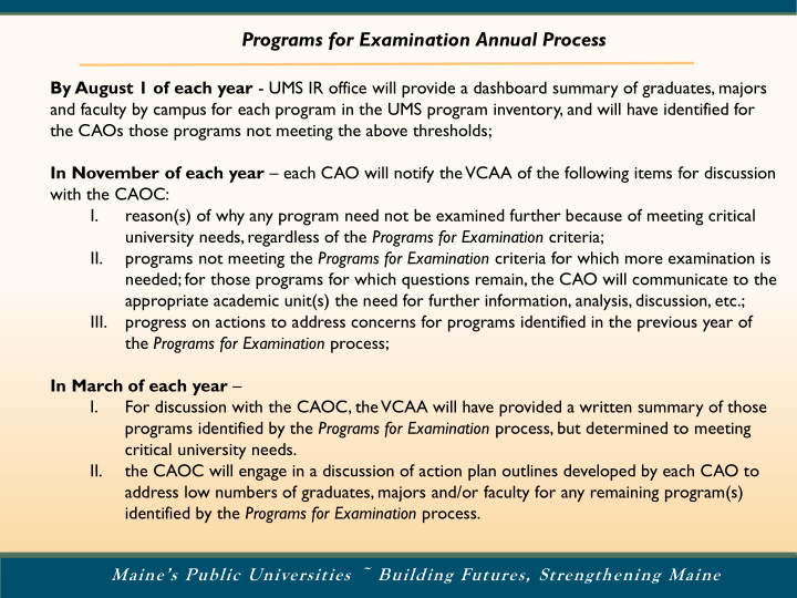 programs for examination annual process