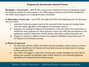 Programs for Examination Annual Process By August 1 of each year - UMS IR office will provide a