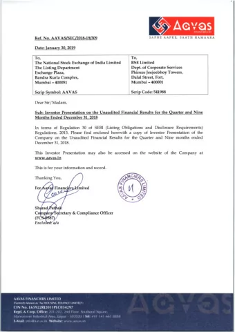 AAVAS  FINANCIERS LIMITED Investor Presentation  9M FY19  January 2019  Safe Harbor This