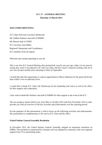 ICC 27  GENERAL MEETING  Thursday 13 March 2014  WELCOME/GREETINGS  ICC Chair Advocate Lawrence