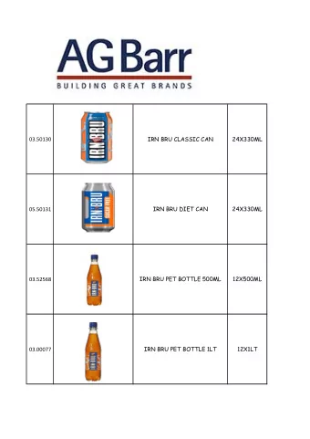 IRN BRU CLASSIC CAN  24X330ML  03.50130  IRN BRU DIET CAN  24X330ML  05.50131  IRN BRU PET BOTTLE