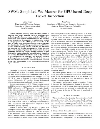 SWM: Simplified Wu-Manber for GPU-based Deep  Packet Inspection  Lucas Vespa  Ning Weng  Department