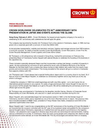 CROWN WORLDWIDE CELEBRATES ITS 50 TH ANNIVERSARY WITH  PRESENTATION IN JAPAN AND EVENTS ACROSS THE