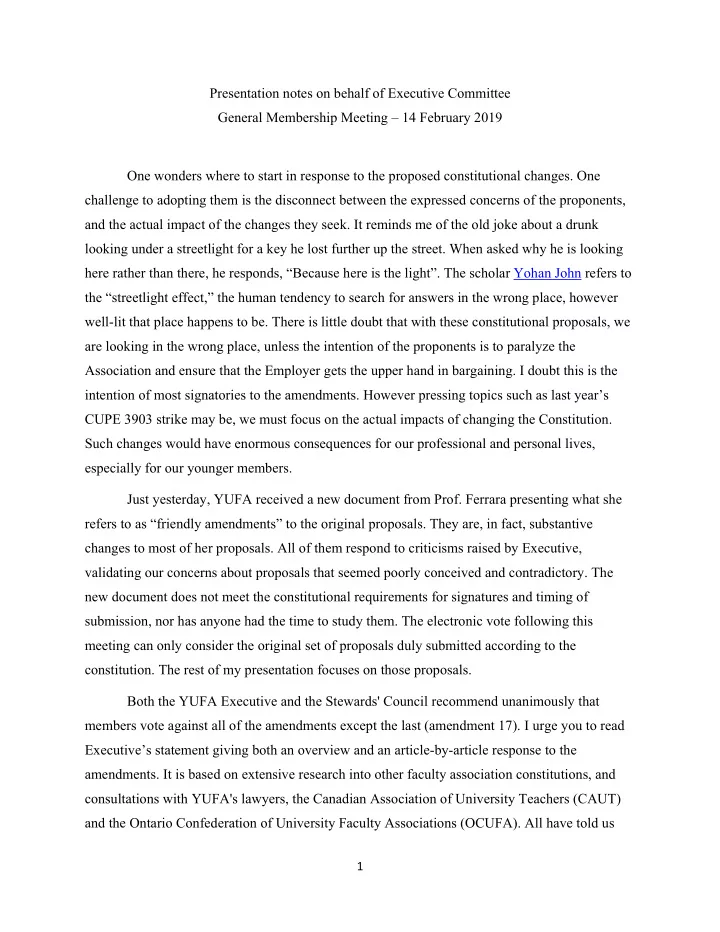 presentation notes on behalf of executive committee