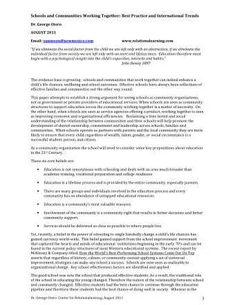 Schools and Communities Working Together: Best Practice and International Trends  Dr. George Otero