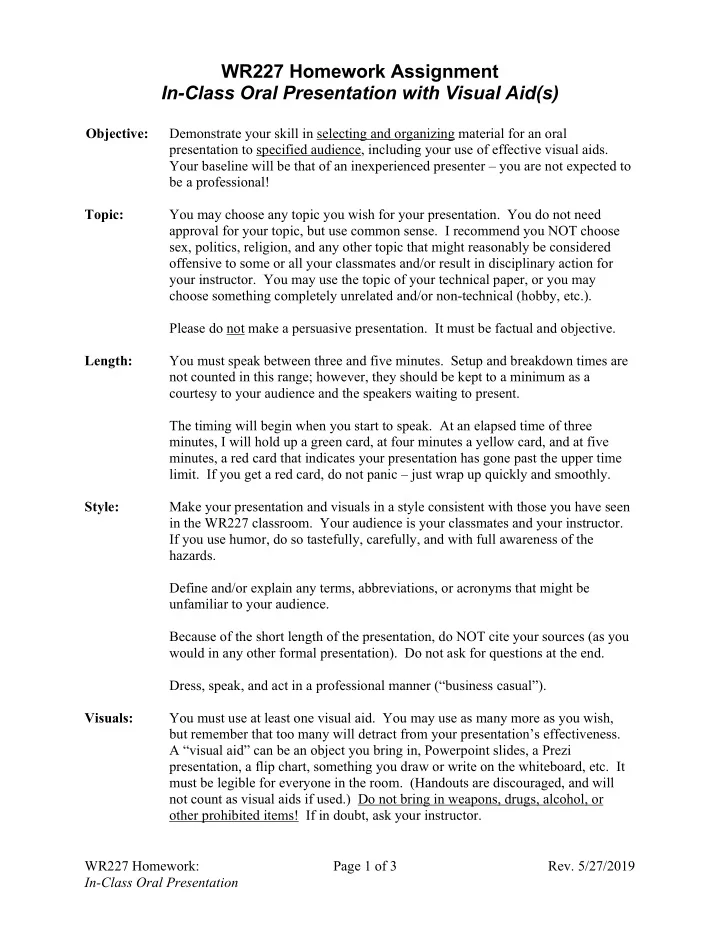 wr227 homework assignment in class oral presentation with
