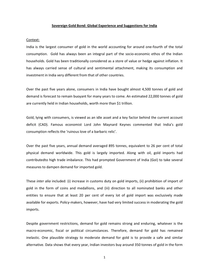 sovereign gold bond global experience and suggestions for