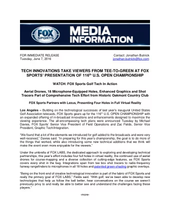 TECH INNOVATIONS TAKE VIEWERS FROM TEE-TO-GREEN AT FOX SPORTS PRESENTATION OF 116 th U.S. OPEN