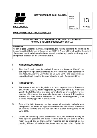 13  Document  FULL COUNCIL  C/10/33  Reference No  DATE OF MEETING: 17 NOVEMBER 2010  PRESENTATION